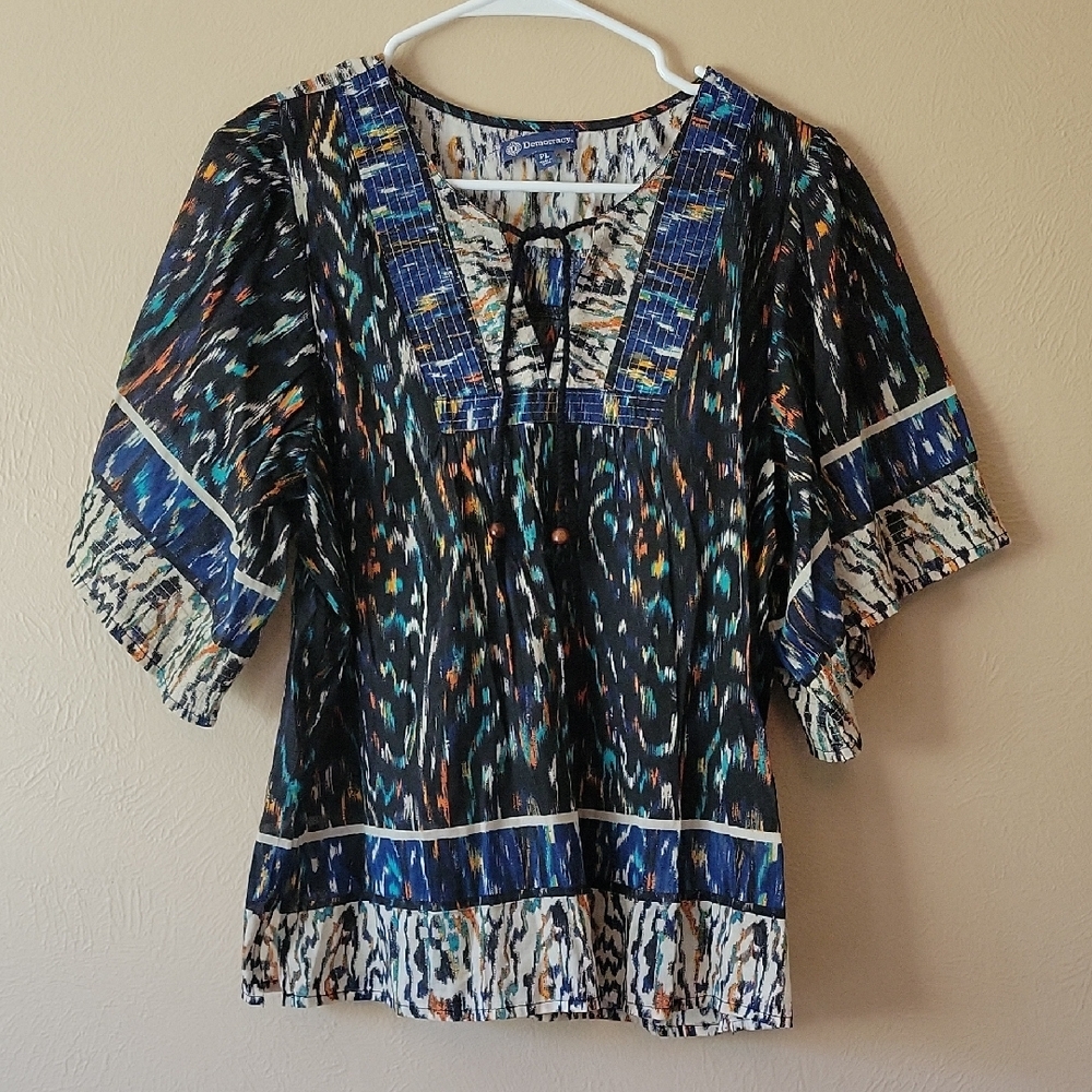 Democracy Graphic Blue Black Blouse Top Boho Flowing